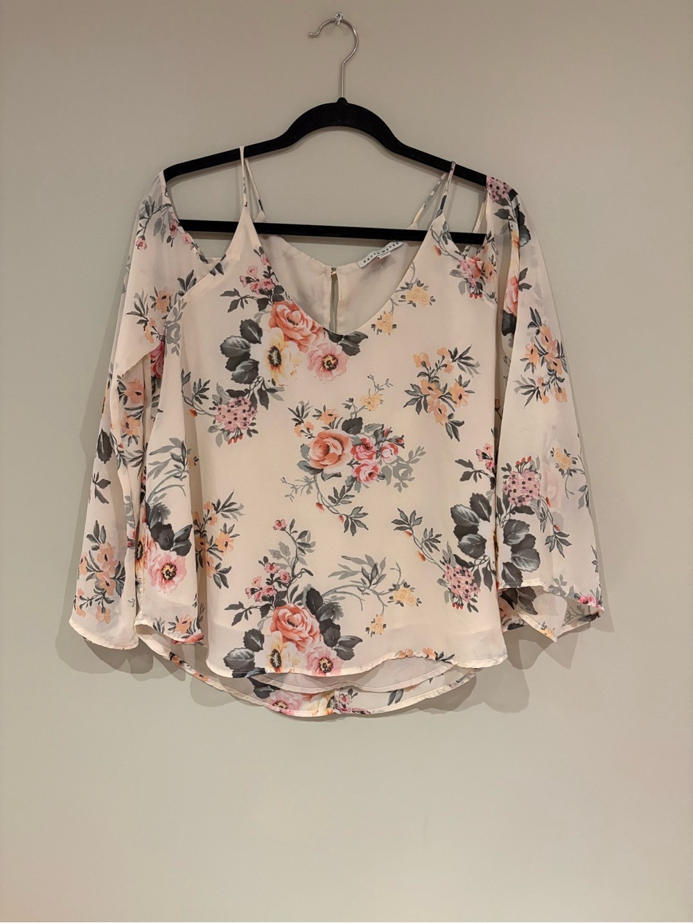 Haute Monde Cream Floral Cold-Shoulder Blouse with Pink Accents